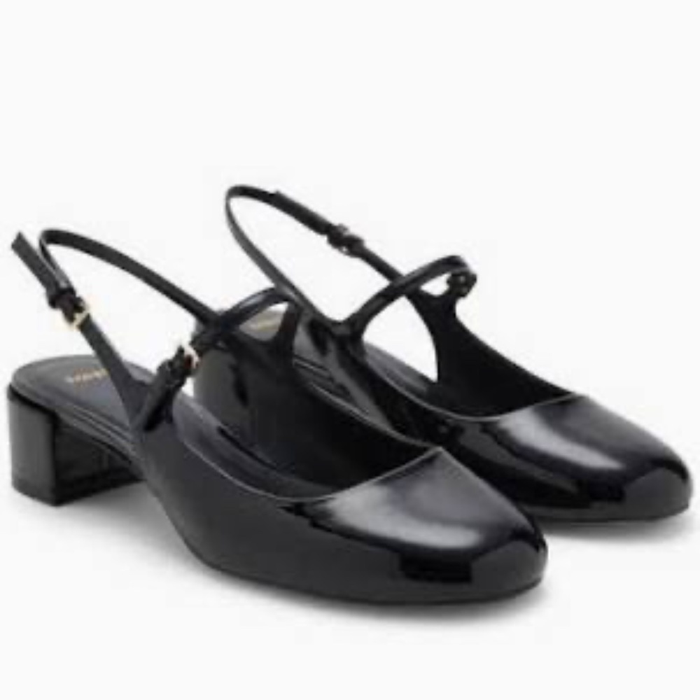 Mango Black Patent Block Heel Slingback Pumps